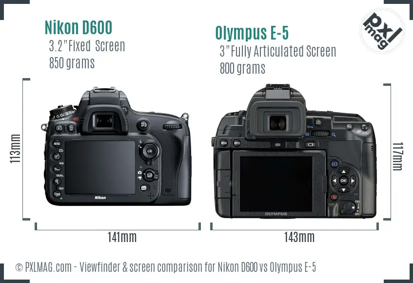 Nikon D600 vs Olympus E-5 Screen and Viewfinder comparison