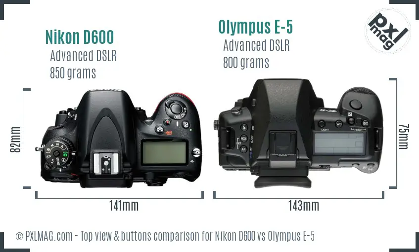 Nikon D600 vs Olympus E-5 top view buttons comparison