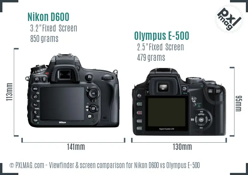 Nikon D600 vs Olympus E-500 Screen and Viewfinder comparison