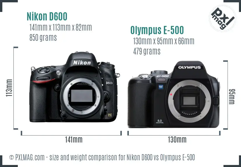 Nikon D600 vs Olympus E-500 size comparison