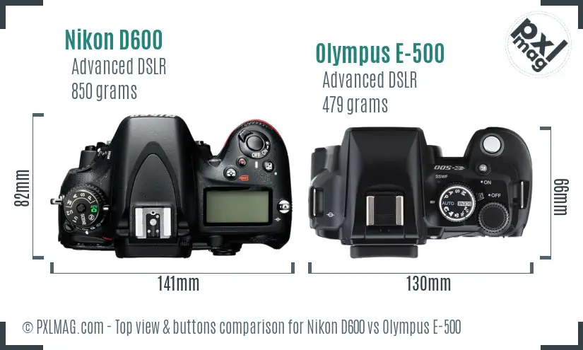 Nikon D600 vs Olympus E-500 top view buttons comparison