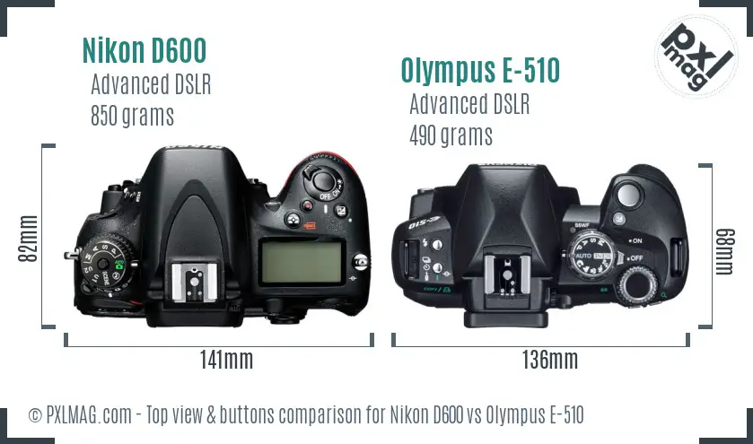 Nikon D600 vs Olympus E-510 top view buttons comparison Nikon D600 vs Olympus E-510 top view buttons comparison