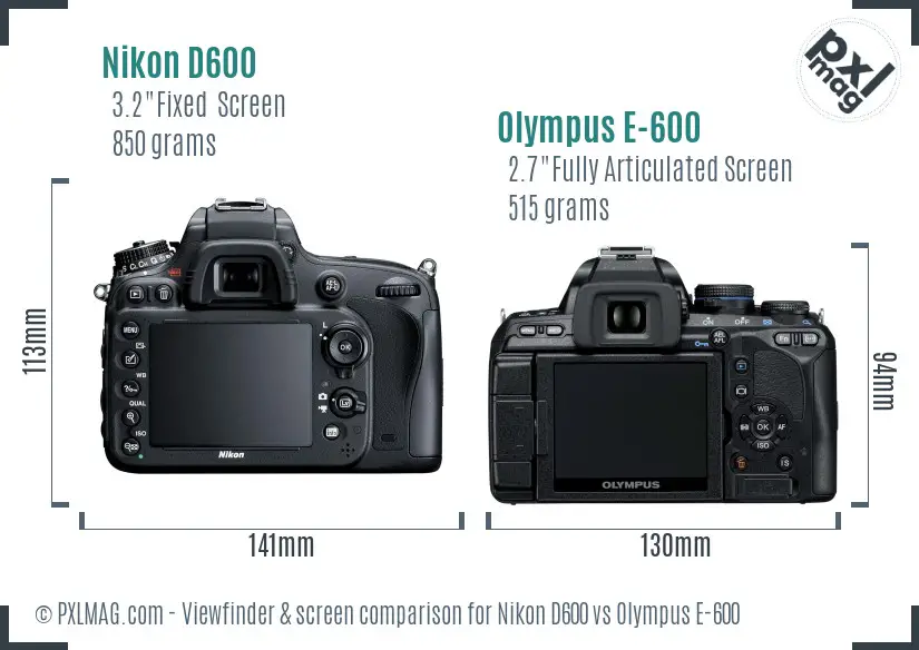 Nikon D600 vs Olympus E-600 Screen and Viewfinder comparison