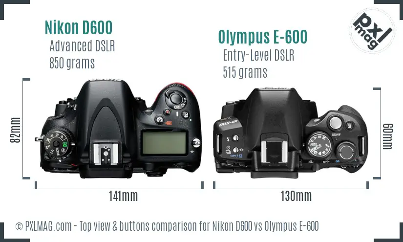Nikon D600 vs Olympus E-600 top view buttons comparison