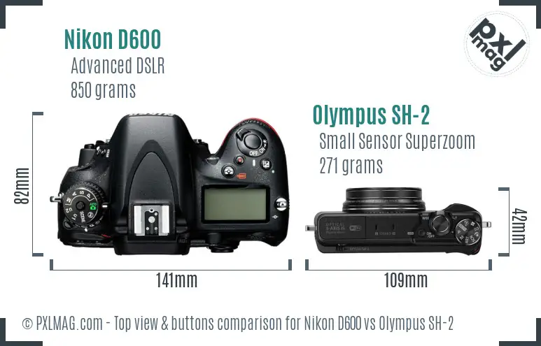 Nikon D600 vs Olympus SH-2 top view buttons comparison