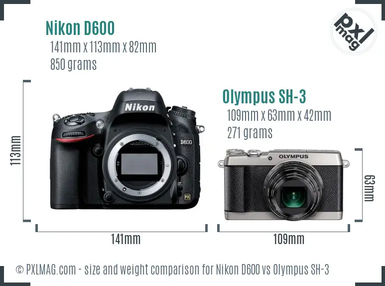 Nikon D600 vs Olympus SH-3 size comparison