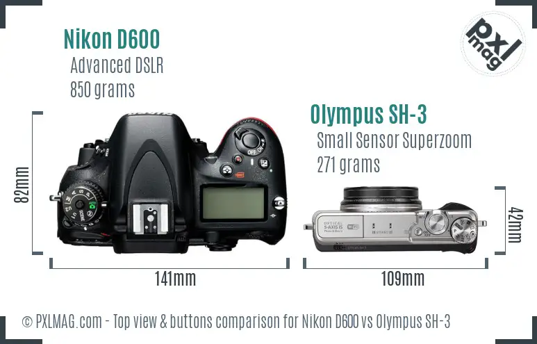 Nikon D600 vs Olympus SH-3 top view buttons comparison