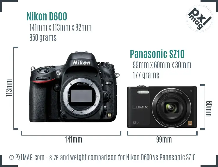 Nikon D600 vs Panasonic SZ10 size comparison