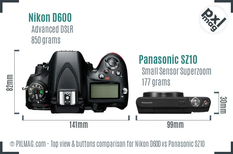 Nikon D600 vs Panasonic SZ10 top view buttons comparison
