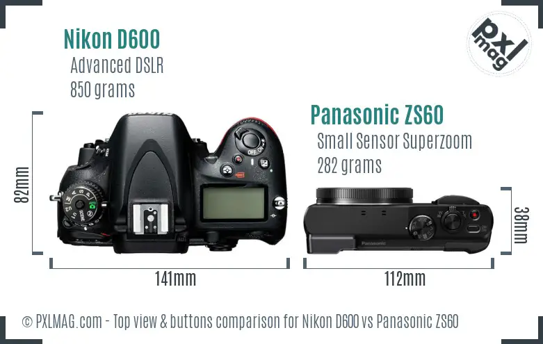 Nikon D600 vs Panasonic ZS60 top view buttons comparison