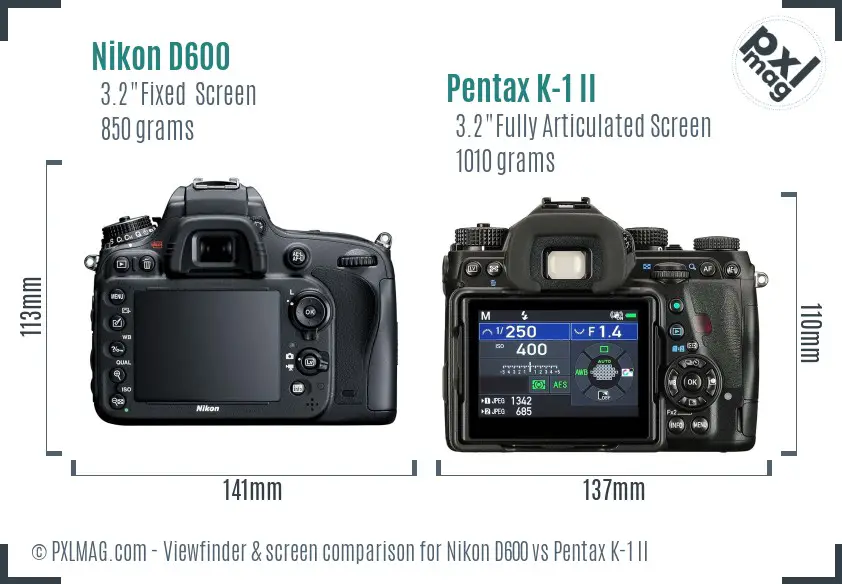 Nikon D600 vs Pentax K-1 II Screen and Viewfinder comparison