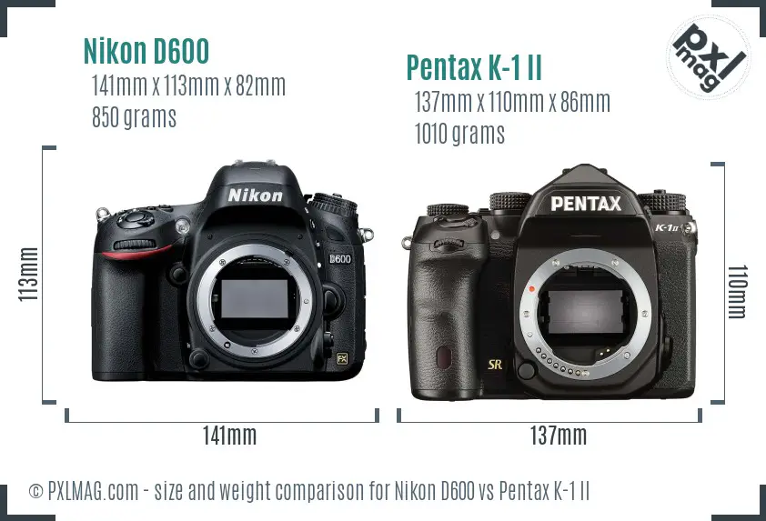 Nikon D600 vs Pentax K-1 II size comparison