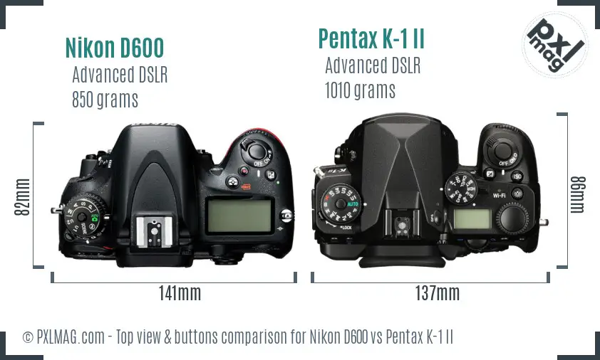 Nikon D600 vs Pentax K-1 II top view buttons comparison