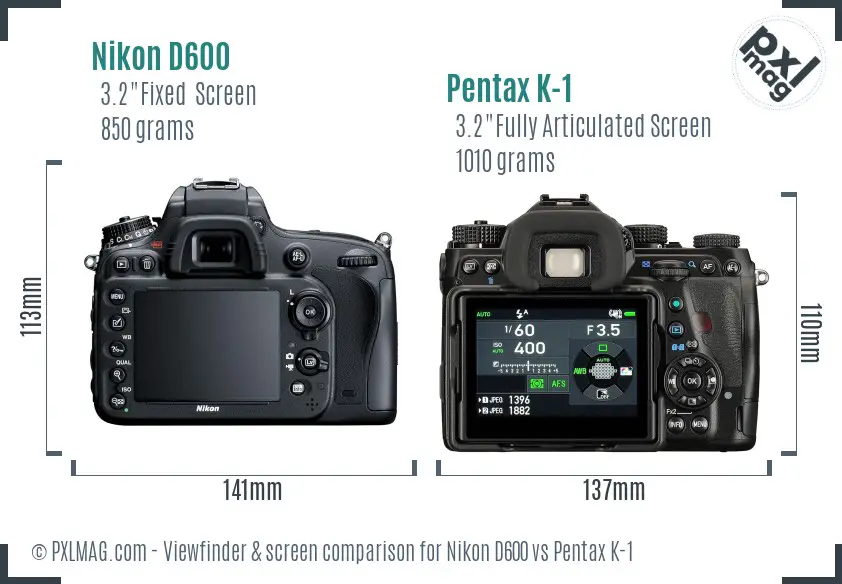 Nikon D600 vs Pentax K-1 Screen and Viewfinder comparison