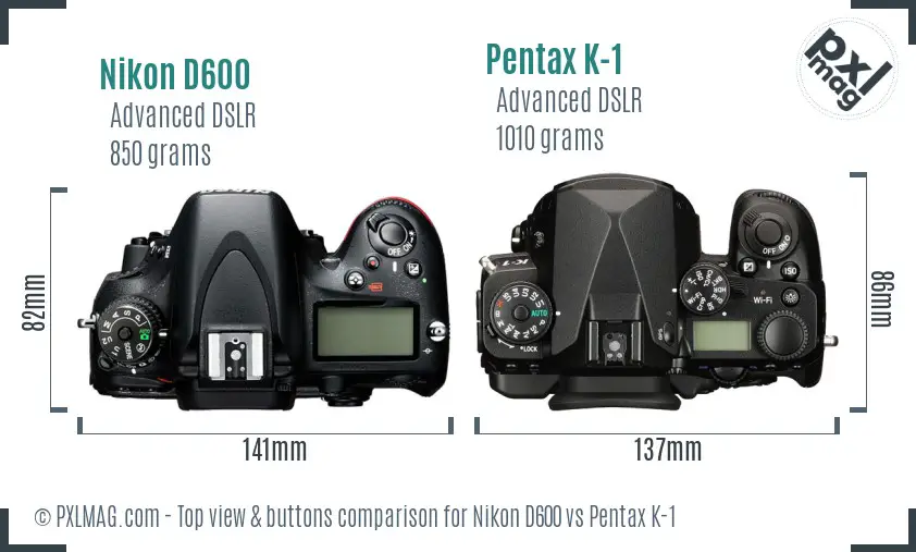 Nikon D600 vs Pentax K-1 top view buttons comparison