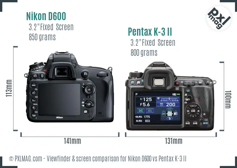 Nikon D600 vs Pentax K-3 II Screen and Viewfinder comparison
