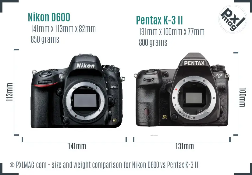Nikon D600 vs Pentax K-3 II size comparison