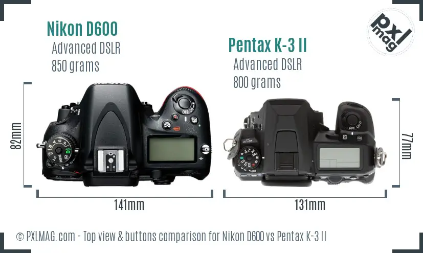 Nikon D600 vs Pentax K-3 II top view buttons comparison