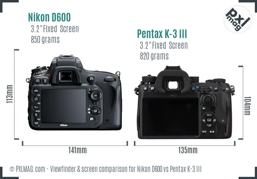 Nikon D600 vs Pentax K-3 III Screen and Viewfinder comparison