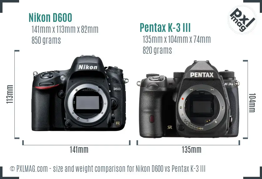 Nikon D600 vs Pentax K-3 III size comparison