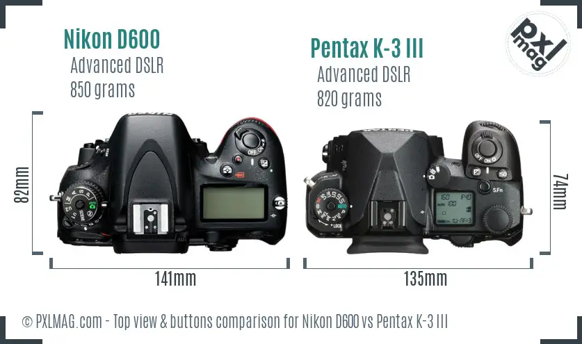 Nikon D600 vs Pentax K-3 III top view buttons comparison