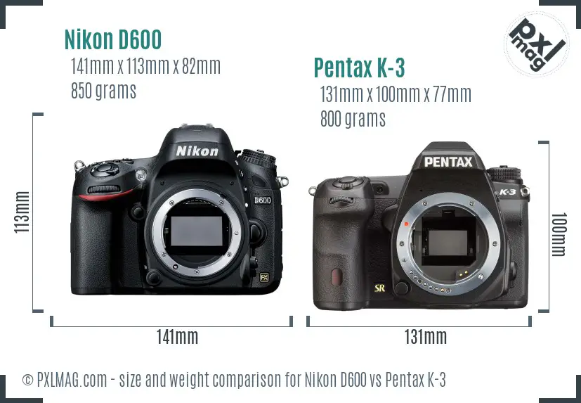 Nikon D600 vs Pentax K-3 size comparison