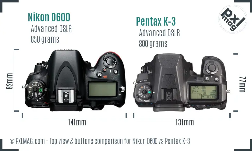Nikon D600 vs Pentax K-3 top view buttons comparison