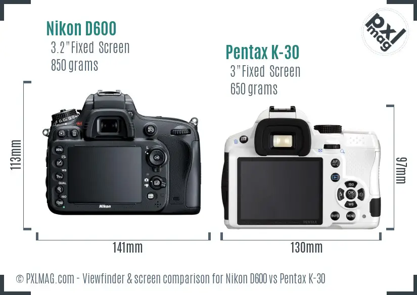 Nikon D600 vs Pentax K-30 Screen and Viewfinder comparison