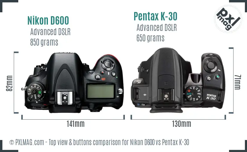 Nikon D600 vs Pentax K-30 top view buttons comparison