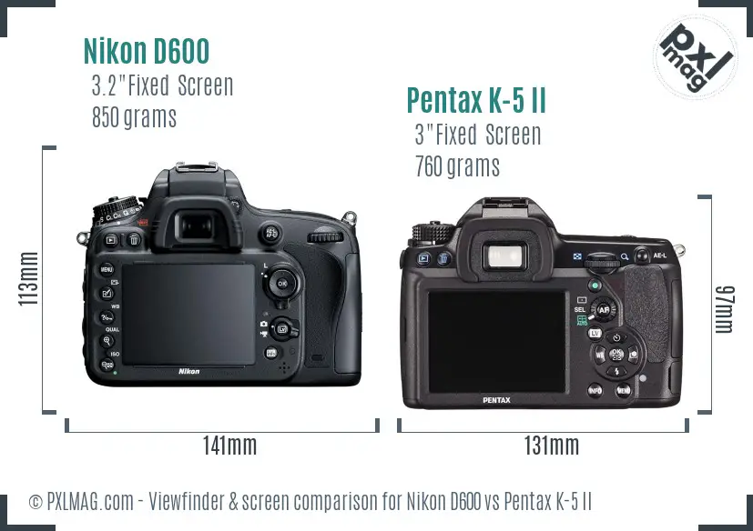 Nikon D600 vs Pentax K-5 II Screen and Viewfinder comparison