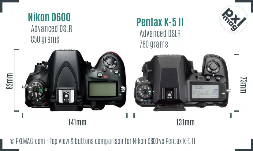Nikon D600 vs Pentax K-5 II top view buttons comparison
