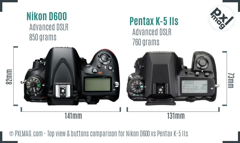 Nikon D600 vs Pentax K-5 IIs top view buttons comparison