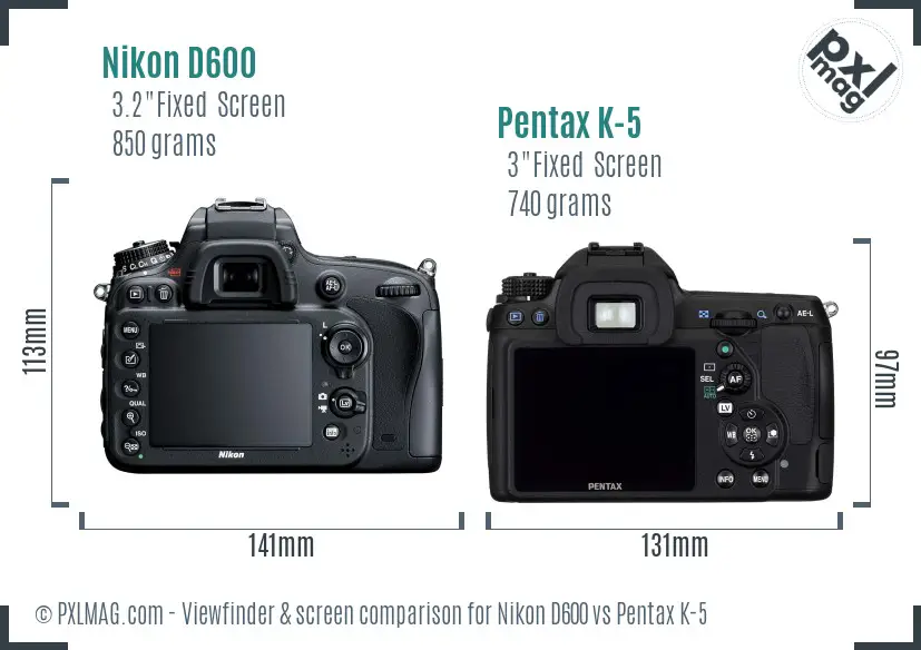 Nikon D600 vs Pentax K-5 Screen and Viewfinder comparison