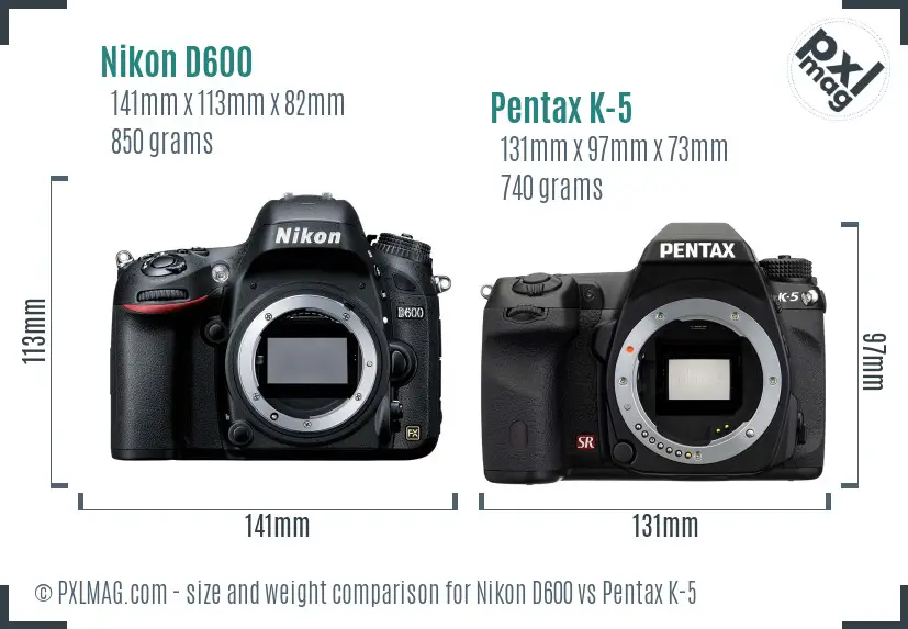 Nikon D600 vs Pentax K-5 size comparison