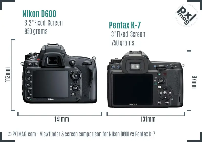 Nikon D600 vs Pentax K-7 Screen and Viewfinder comparison