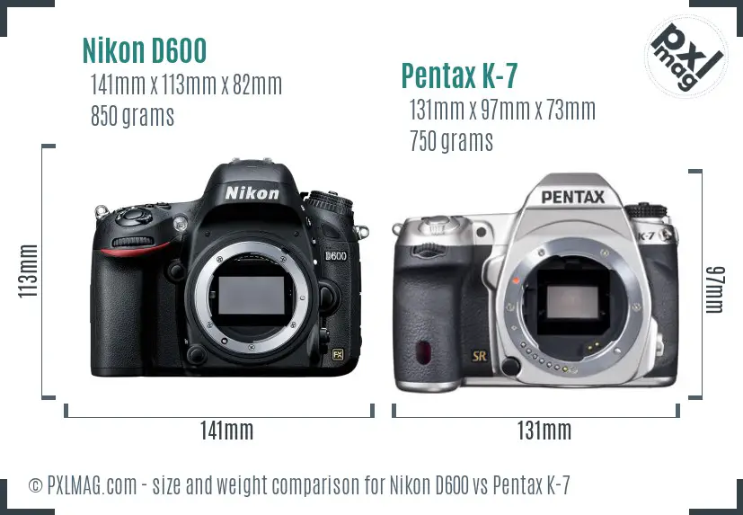 Nikon D600 vs Pentax K-7 size comparison