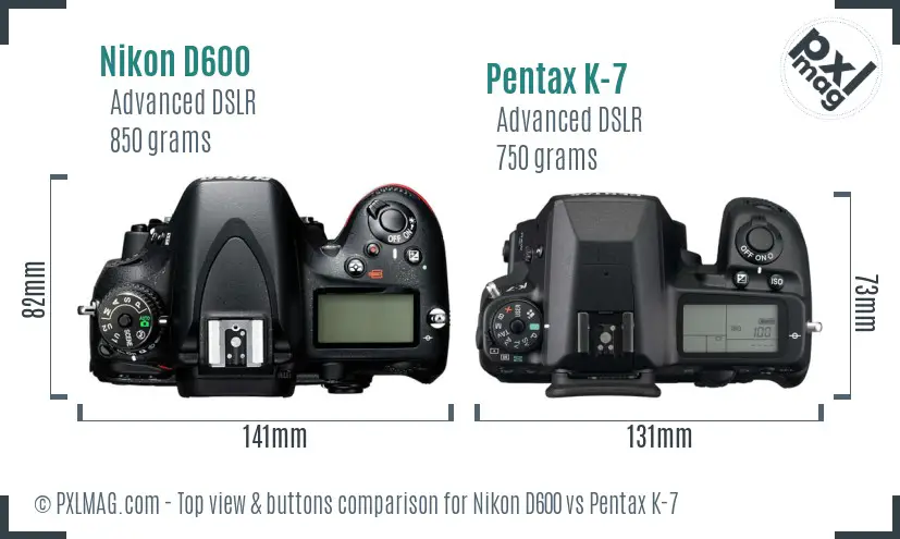 Nikon D600 vs Pentax K-7 top view buttons comparison