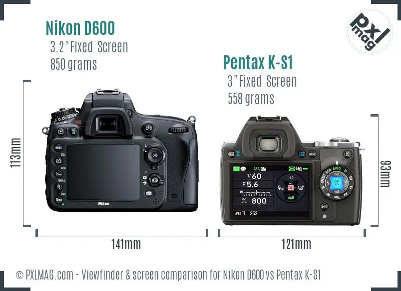 Nikon D600 vs Pentax K-S1 Screen and Viewfinder comparison