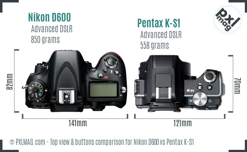 Nikon D600 vs Pentax K-S1 top view buttons comparison