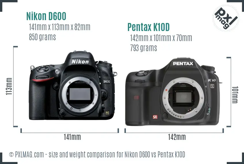 Nikon D600 vs Pentax K10D size comparison