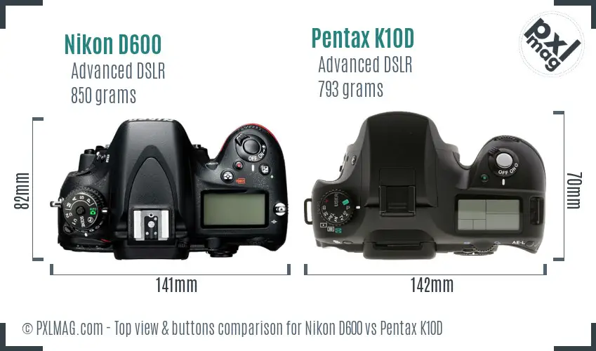 Nikon D600 vs Pentax K10D top view buttons comparison