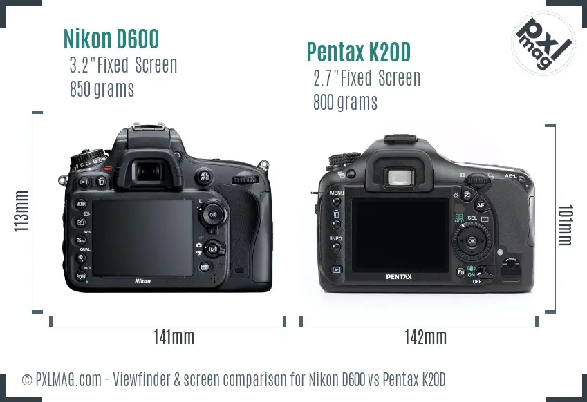 Nikon D600 vs Pentax K20D Screen and Viewfinder comparison
