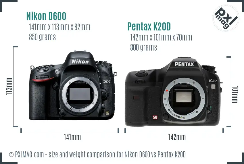 Nikon D600 vs Pentax K20D size comparison