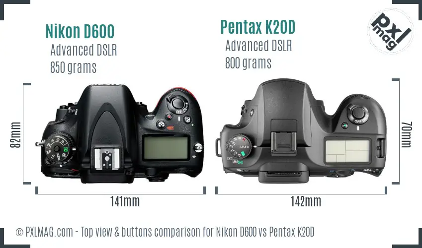 Nikon D600 vs Pentax K20D top view buttons comparison