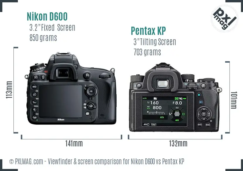 Nikon D600 vs Pentax KP Screen and Viewfinder comparison