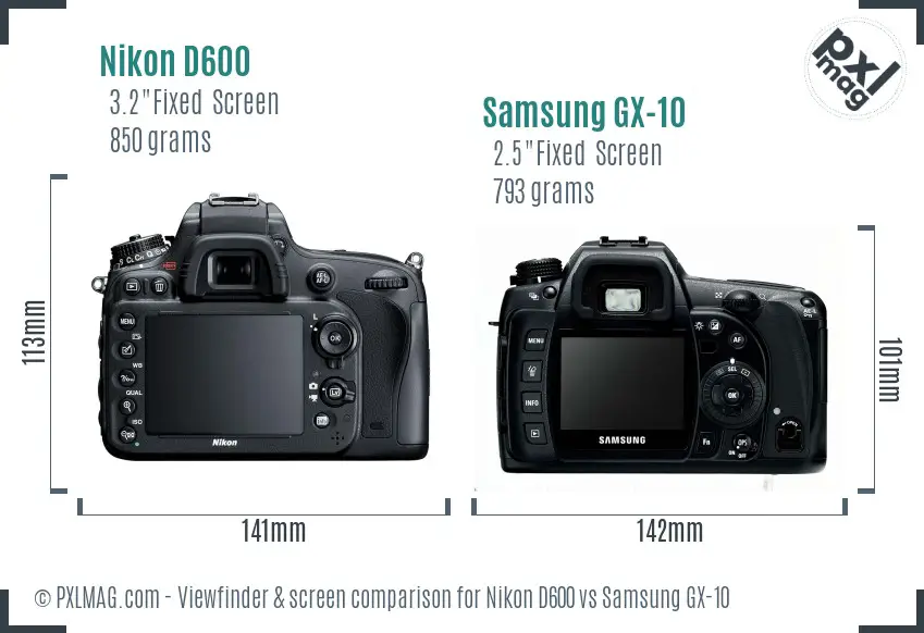 Nikon D600 vs Samsung GX-10 Screen and Viewfinder comparison