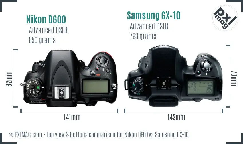 Nikon D600 vs Samsung GX-10 top view buttons comparison