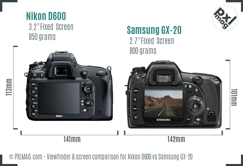 Nikon D600 vs Samsung GX-20 Screen and Viewfinder comparison