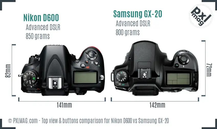 Nikon D600 vs Samsung GX-20 top view buttons comparison