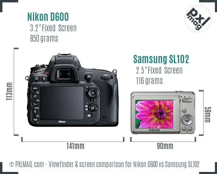 Nikon D600 vs Samsung SL102 Screen and Viewfinder comparison